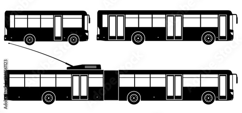 Shuttle buses silhouette isolated vector illustration. City transport icons set view from the side.
