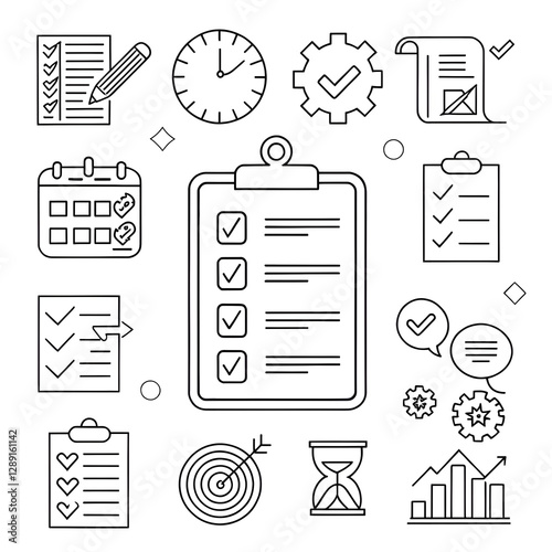 Simple Line Art Icons Representing Productivity and Organization