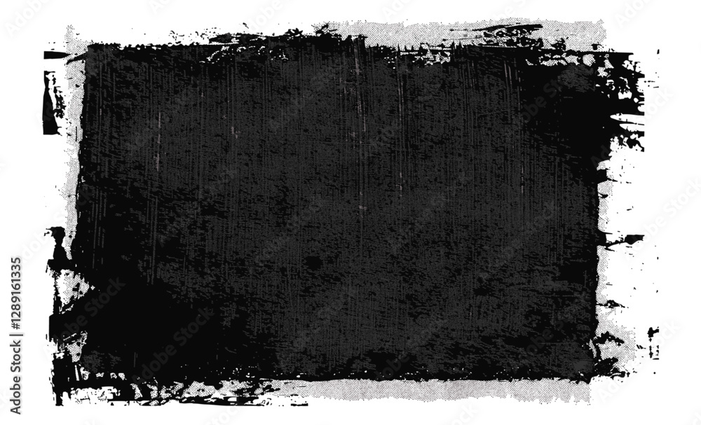 Black grunge vector rectangle background made from paint roller marks, isolated on transparent backdrop, abstract ink texture, rough edges, distressed frame, artistic brush stroke