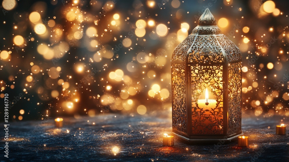 Elegant Lantern Glowing Amidst Soft Lights and Sparkling Bokeh Elegant Lantern Glowing Amidst Soft Lights and Sparkling Bokeh