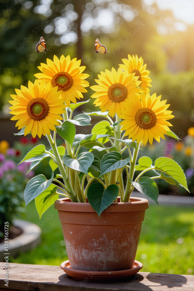 Obraz premium Vibrant sunflowers in rustic pot, sunny garden ambiance