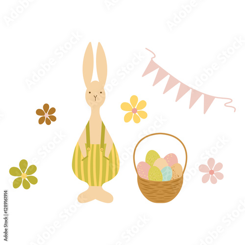Easter Bunny wearing pants with suspenders, a hamper and easter eggs, rabbit with a basket, vector illustration