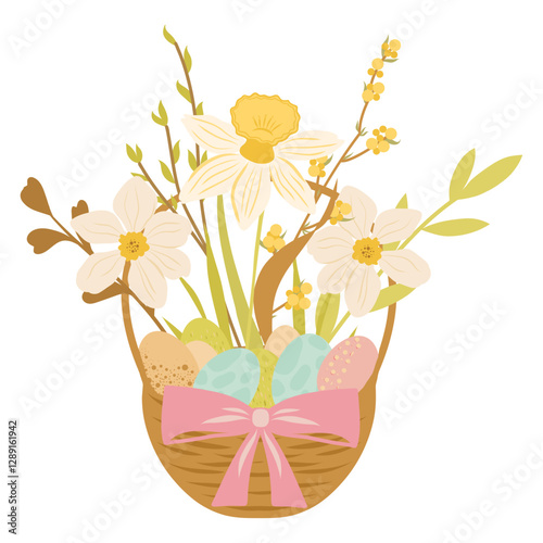 Easter basket with easter eggs, flowers and a pink bow, hamper with eggs, wicker, snowdrops vector illustration