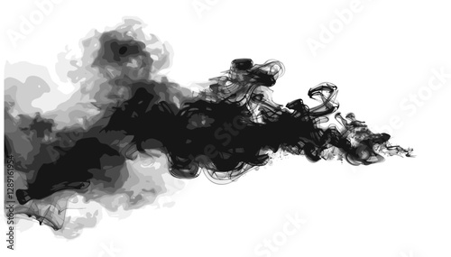 Black smoke vector isolated on white or transparent PNG, abstract smoke effect, realistic smoky swirl, vapor wave, misty cloud, hazy fog, flowing steam, wispy smoke trail