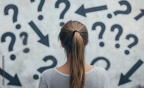 Contemplative Back View: Question Marks and Arrows Symbolizing Choices on a Textured Wall photo