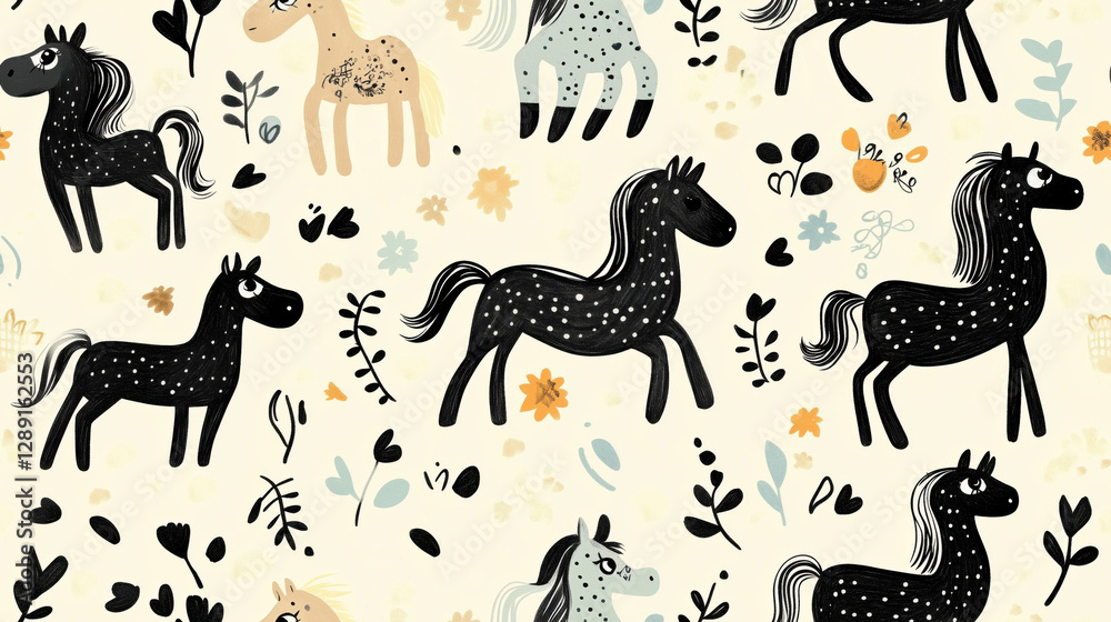 Obraz premium Seamless doodle pattern with stylized horses and botanical elements, whimsical hand-drawn design with a rustic folk-art touch