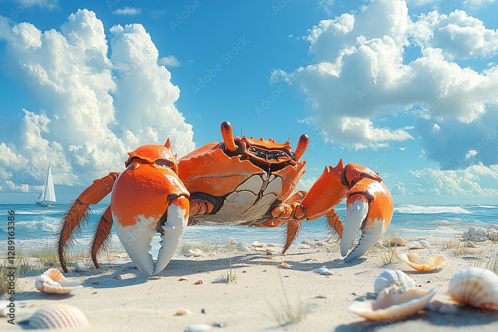 A bright red crab with oversized claws, walking along a sandy beach with seashells scattered around
A bright red crab with oversized claws, walking along a sandy beach with seashells scattered around