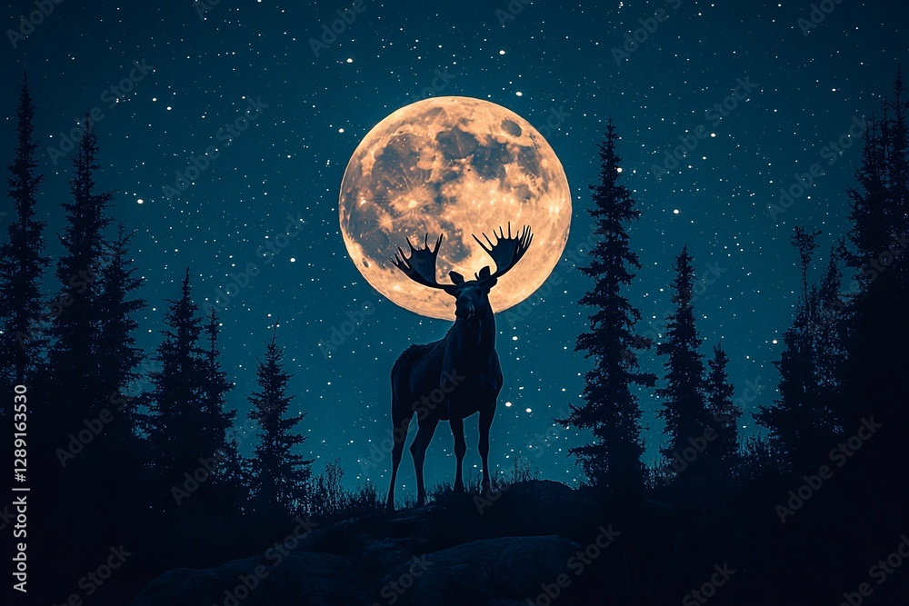 A moose silhouetted against a giant full moon, standing on a hill with a dramatic night sky full of stars, majestic and awe-inspiring
A moose silhouetted against a giant full moon, standing on a hill with a dramatic night sky full of stars, majestic and awe-inspiring
