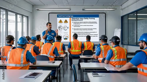 Construction workers attending a safety training session in a modern conference room with a presentation screen
