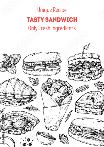 Tasty sandwich frame. Menu design template. Sandwich sketches. Unique recipe. Hand drawn vector illustration.