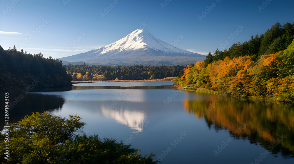 Majestic Snowcapped Mountain Reflecting in Calm Autumn Lake Majestic Snowcapped Mountain Reflecting in Calm Autumn Lake