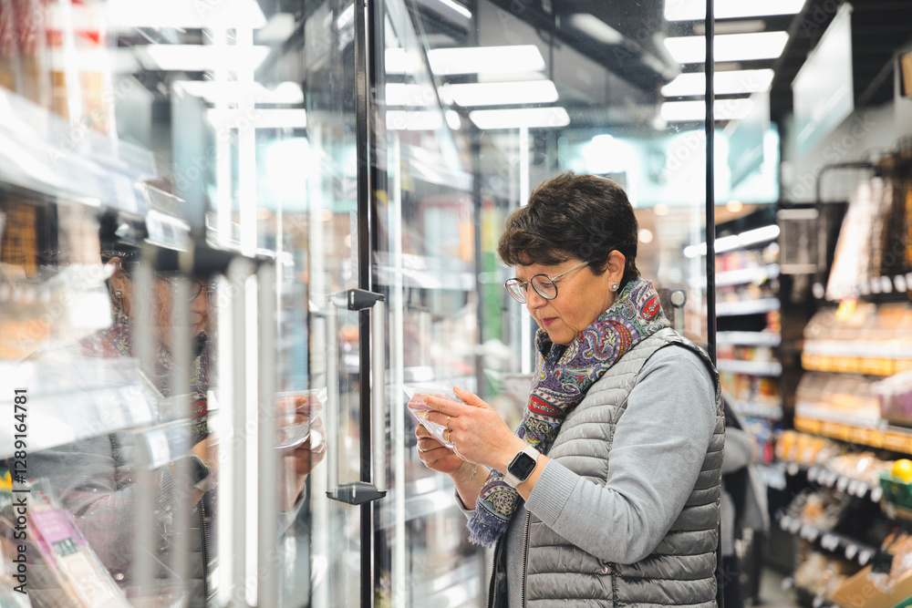 Focused senior woman wearing glasses and smart watch reading label on product in refrigerated section of grocery store, making informed purchasing decisions Focused senior woman wearing glasses and smart watch reading label on product in refrigerated section of grocery store, making informed purchasing decisions