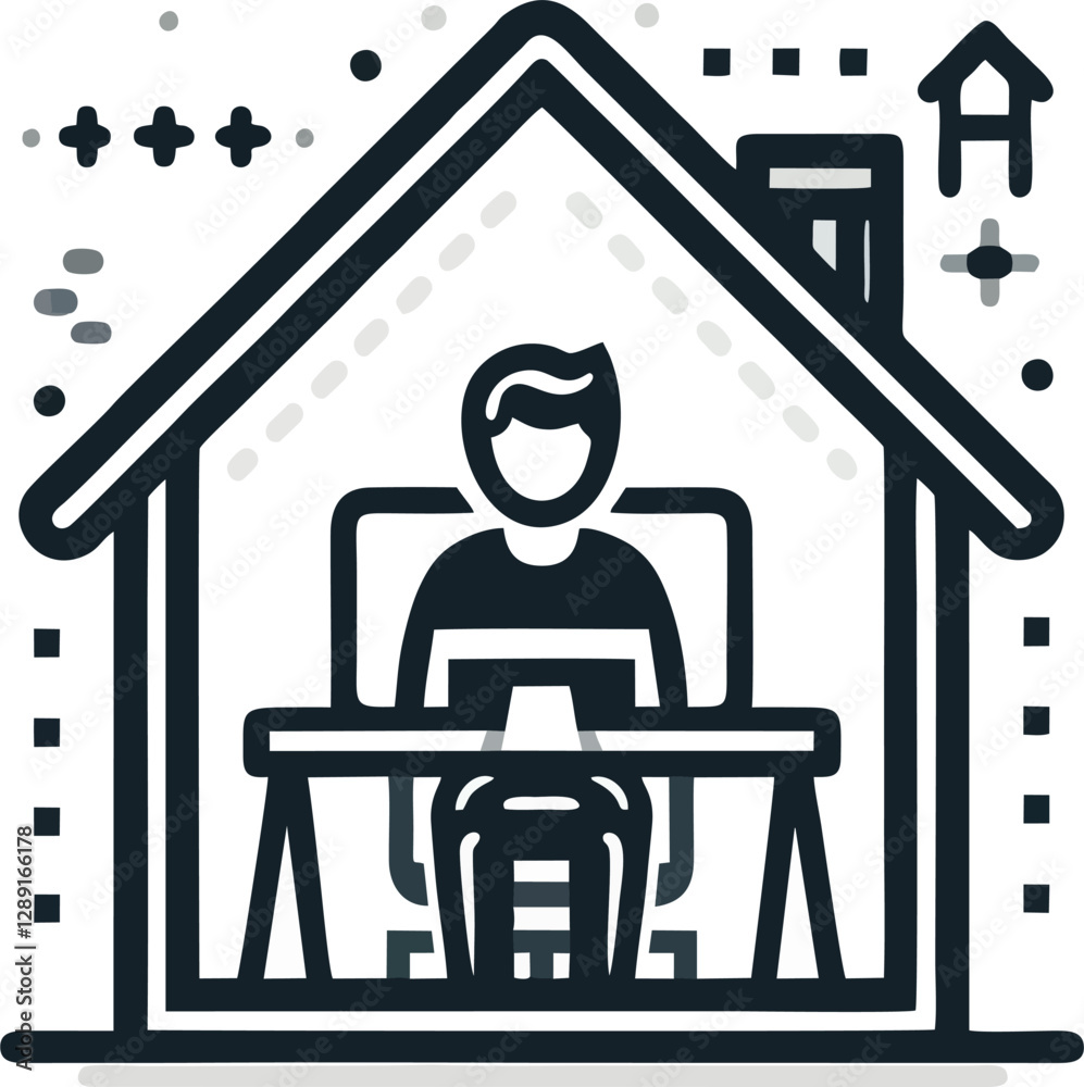 A simple vector illustration featuring a person working on a computer inside a house. Designed in a minimalist black silhouette style, this icon represents remote work, home office, or freelancing. A simple vector illustration featuring a person working on a computer inside a house. Designed in a minimalist black silhouette style, this icon represents remote work, home office, or freelancing.