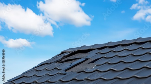 Damaged roof with a broken window exposed to the elements in a weathered urban setting