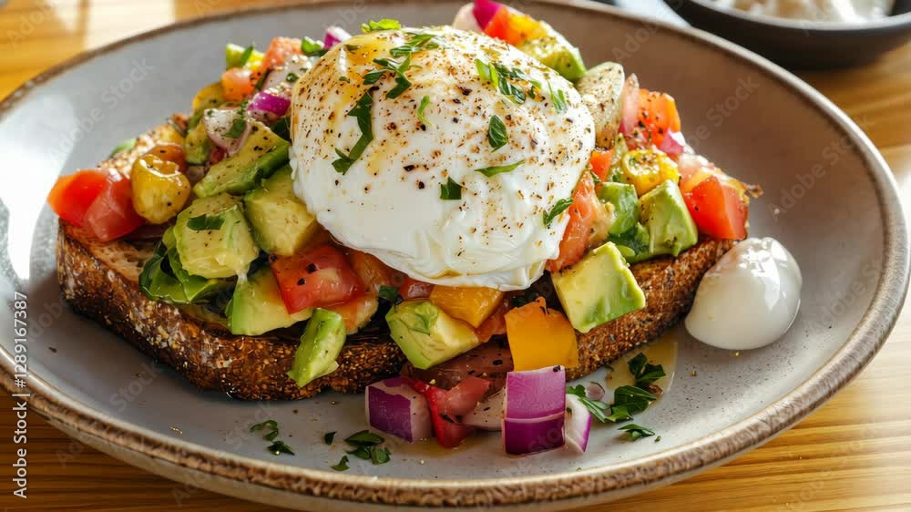 Colorful toast with poached egg and fresh vegetables served for brunch in a cozy cafe Colorful toast with poached egg and fresh vegetables served for brunch in a cozy cafe
