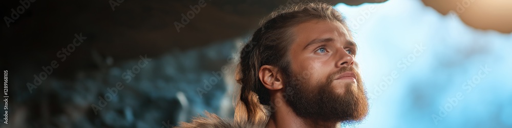 Obraz premium A man with a beard and long hair is standing in a cave. He is looking up at something