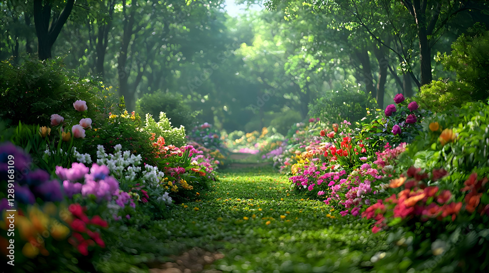 Colorful Flowers Blooming on a Path Through a Lush Green Forest Colorful Flowers Blooming on a Path Through a Lush Green Forest