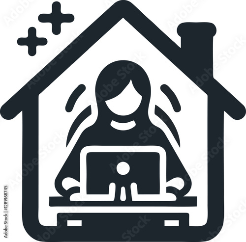 A simple vector illustration featuring a person working on a computer inside a house. Designed in a minimalist black silhouette style, this icon represents remote work, home office, or freelancing.