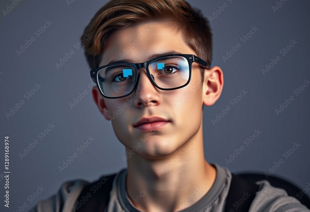 Teenage male gamer with screen glow on glasses Teenage male gamer with screen glow on glasses