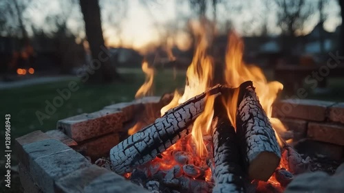 Cozy fire pit at dusk. Warm crackling bonfire background.