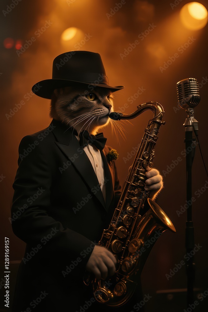 Naklejka premium Cat man playing saxophone