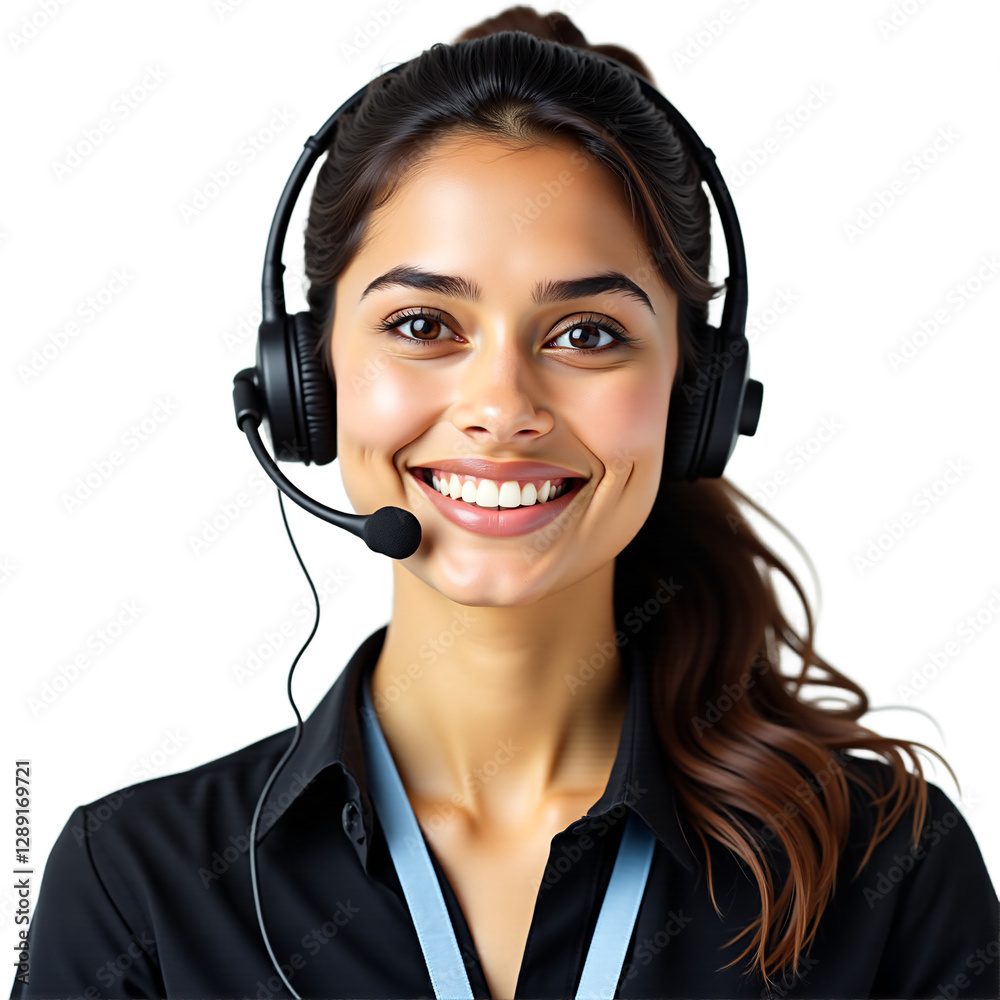 Confident professional woman with headset, smiling and looking at viewer. Ideal for customer support, virtual assistant, or corporate communications. Isolated on transparent background. Confident professional woman with headset, smiling and looking at viewer. Ideal for customer support, virtual assistant, or corporate communications. Isolated on transparent background.