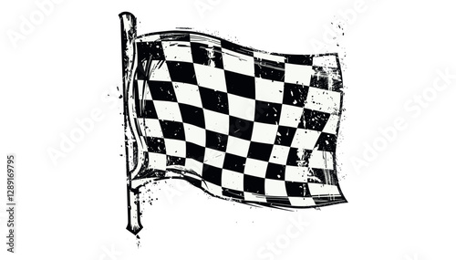 Retro checkered racing flag vector, grunge texture stamp, isolated on transparent background, stencil illustration, motorsport symbol, speedway emblem, auto race design