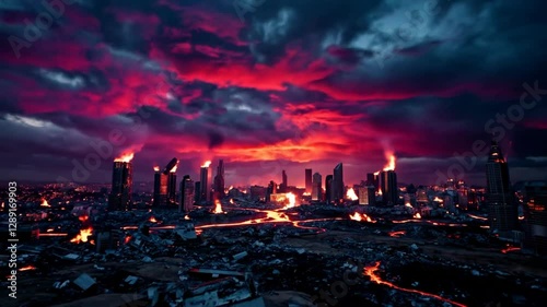 Aerial shot at twilight over a devastated metropolis. The sky roils with deep crimson and indigo clouds, photo