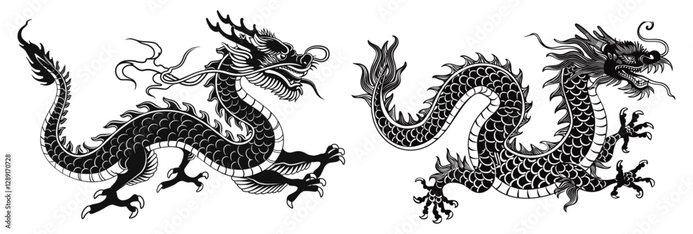 Obraz premium Vector Chinese dragon illustration, black ink, classic style, transparent background, Lunar New Year 2026, Year of the Dragon, legendary beast, oriental mythology