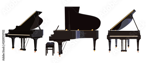 Classic black grand piano vector, isolated on transparent background, elegant musical instrument, concert piano, realistic piano illustration, classical music, acoustic piano,