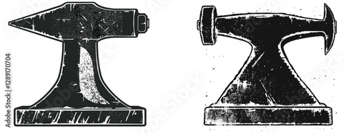 Retro anvil vector stamp with distressed grunge texture in stencil style, isolated on transparent background, blacksmith emblem, vintage workshop symbol, metal craft,