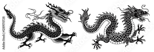Vector Chinese dragon illustration, black ink, classic style, transparent background, Lunar New Year 2026, Year of the Dragon, legendary beast, oriental mythology