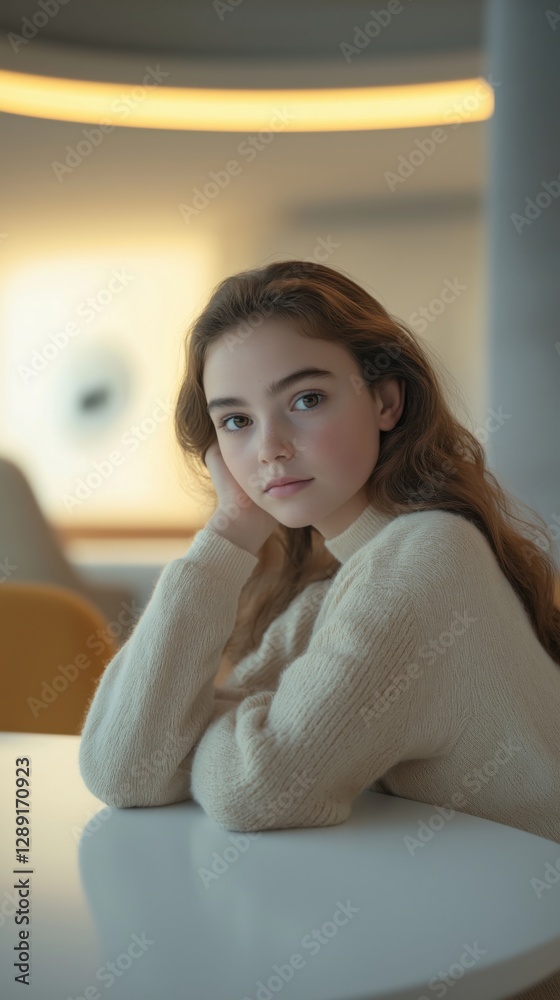 Portrait of a young woman with soft natural light in a modern interior Portrait of a young woman with soft natural light in a modern interior