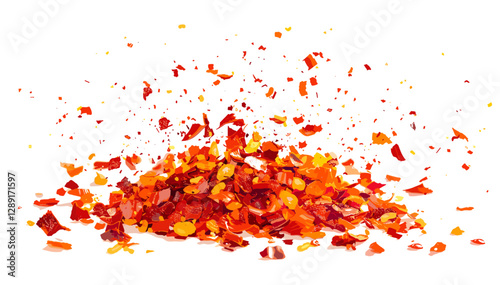 Vector chopped red chili pepper flakes, dry milled paprika pile, crushed spicy chili powder, ground cayenne seasoning, hot spice mix, isolated on white, dried crushed chili,