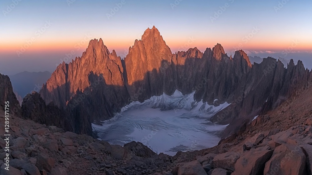 Sunset alpine glacier panorama, mountain range backdrop Sunset alpine glacier panorama, mountain range backdrop