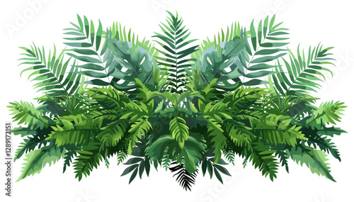 Vector Tropical Foliage and Green Ferns Cluster, Exotic Leaves, Jungle Plants, Lush Botanical, Nature Illustration, Tropical Greenery, Rainforest Flora, Palm Leaves, Monstera