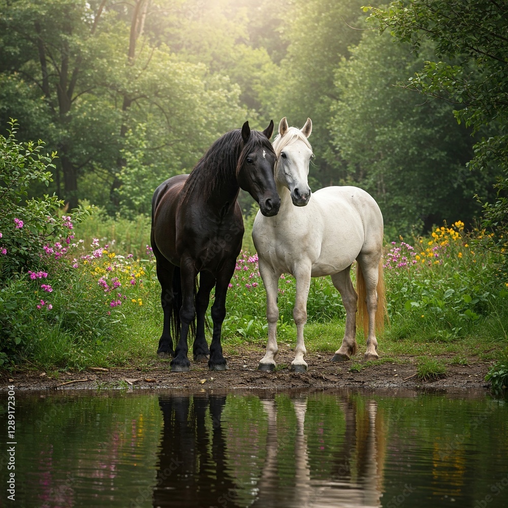 Two Horses Black and White by Pond, Summer Meadow Two Horses Black and White by Pond, Summer Meadow