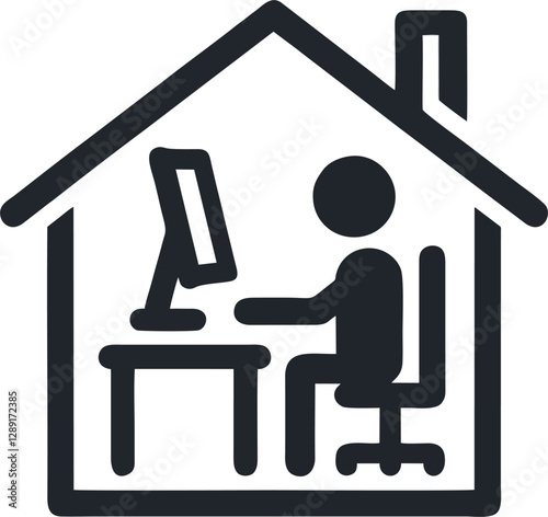 A simple vector illustration featuring a person working on a computer inside a house. Designed in a minimalist black silhouette style, this icon represents remote work, home office, or freelancing. Pe