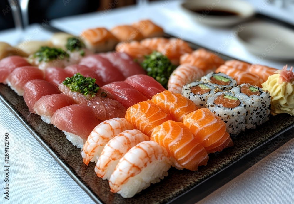 Assorted Sushi Platter Featuring Fresh Fish Varieties and Artistic Presentation on Elegant Plate for Culinary Experience Assorted Sushi Platter Featuring Fresh Fish Varieties and Artistic Presentation on Elegant Plate for Culinary Experience