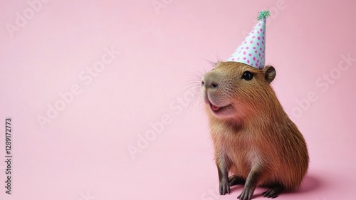 Capybara wearing a colorful party hat celebrates a festive occasion against a soft pink background