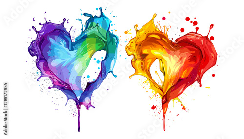 Vector heart love shape, isolated color splash, artistic paint splatter, watercolor ink drops, abstract romantic symbol, modern grunge effect, creative brush strokes