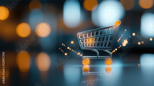 A glowing shopping cart icon with a trail of light, set against a blurred background with bokeh lights.