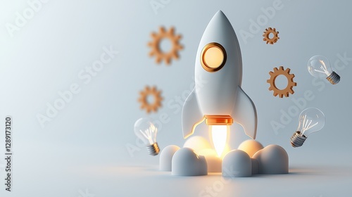 A white rocket launching with gears and light bulbs floating around, symbolizing innovation and startup.