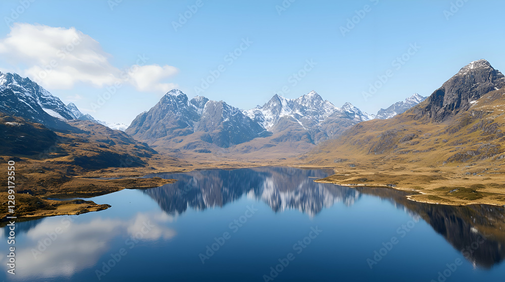 Snow Capped Mountains Reflecting in a Calm Blue Lake Snow Capped Mountains Reflecting in a Calm Blue Lake