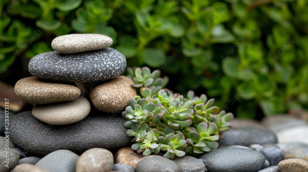 Obraz premium Rock garden featuring a balanced stack of pebbles alongside vibrant succulent plants in a serene, green backdrop