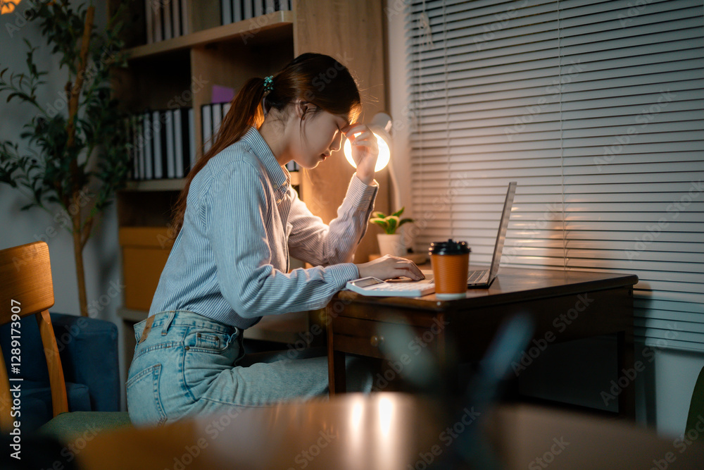 Young professional woman feeling tired and stressed while working late at night in office using calculator and laptop, having headache and massaging her head Young professional woman feeling tired and stressed while working late at night in office using calculator and laptop, having headache and massaging her head