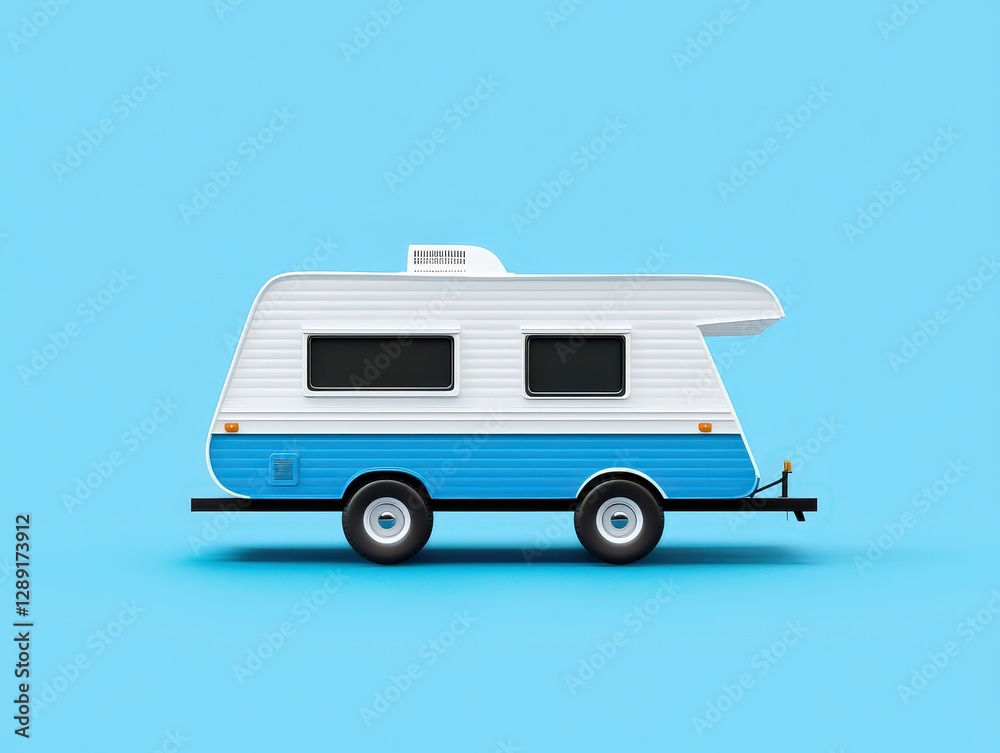 Charming blue and white camper trailer parked in a scenic outdoor location under clear skies Charming blue and white camper trailer parked in a scenic outdoor location under clear skies