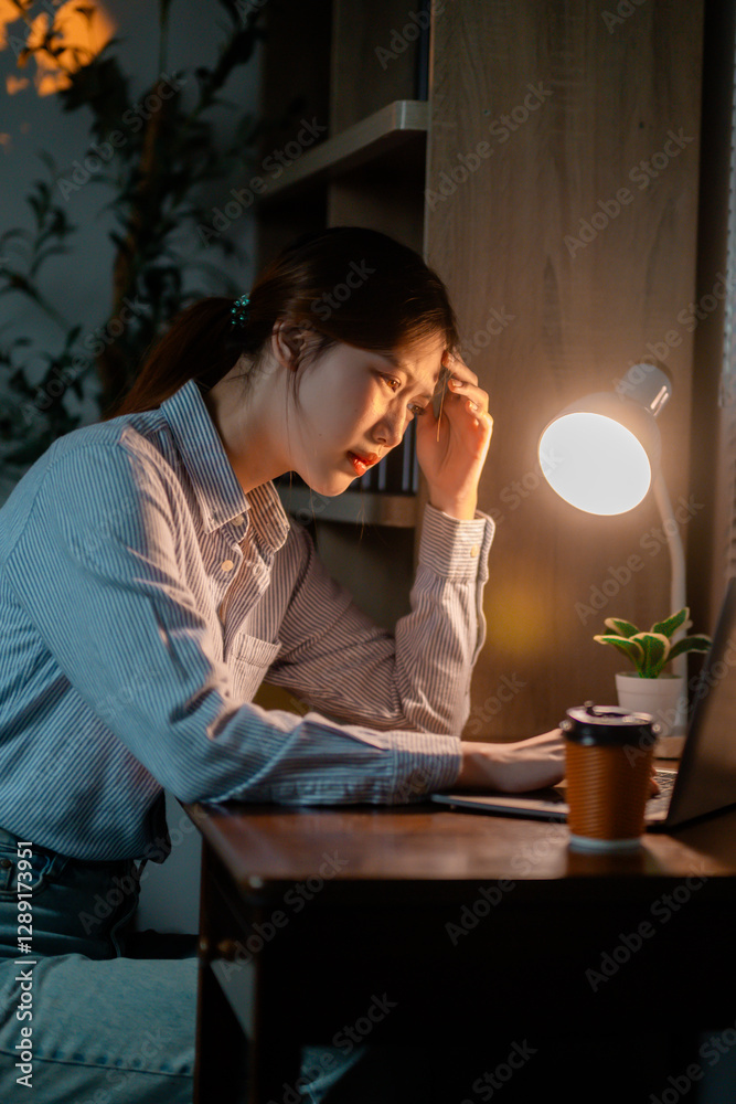 Young Asian businesswoman working late, leaning over laptop at home office desk, experiencing exhaustion and stress from prolonged work hours, depicting professional burnout Young Asian businesswoman working late, leaning over laptop at home office desk, experiencing exhaustion and stress from prolonged work hours, depicting professional burnout