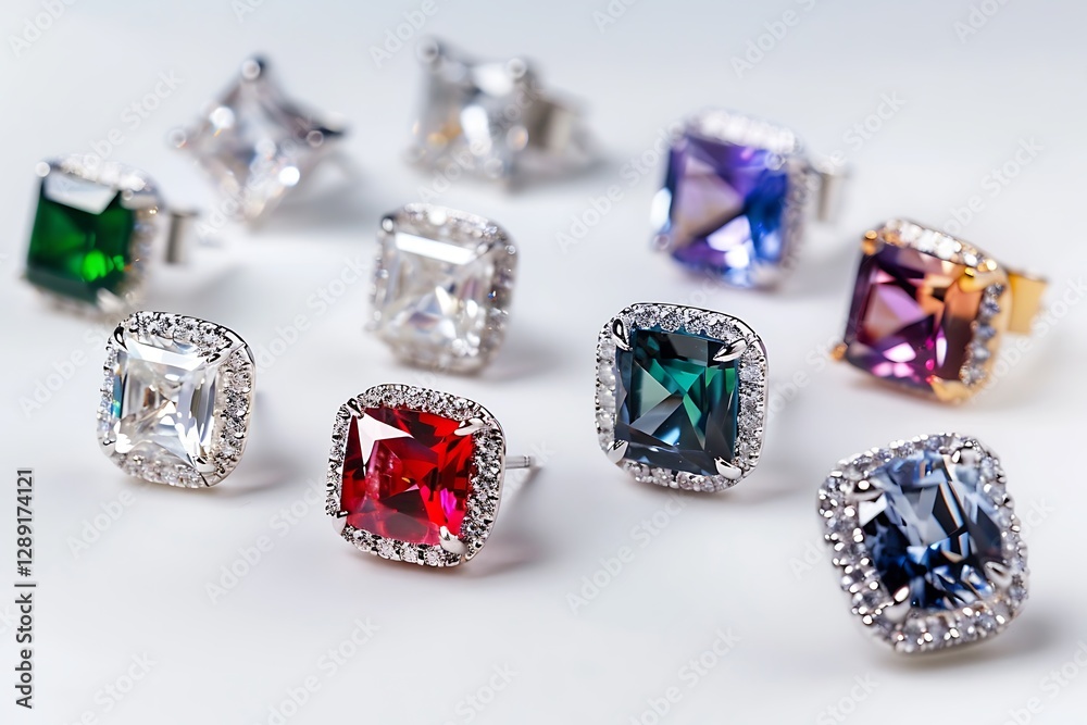 Sparkling diamond earrings with various gemstone cuts luxurious fine jewelry white background Sparkling diamond earrings with various gemstone cuts luxurious fine jewelry white background