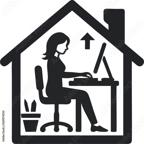 A simple vector illustration featuring a person working on a computer inside a house. Designed in a minimalist black silhouette style, this icon represents remote work, home office, or freelancing. Pe